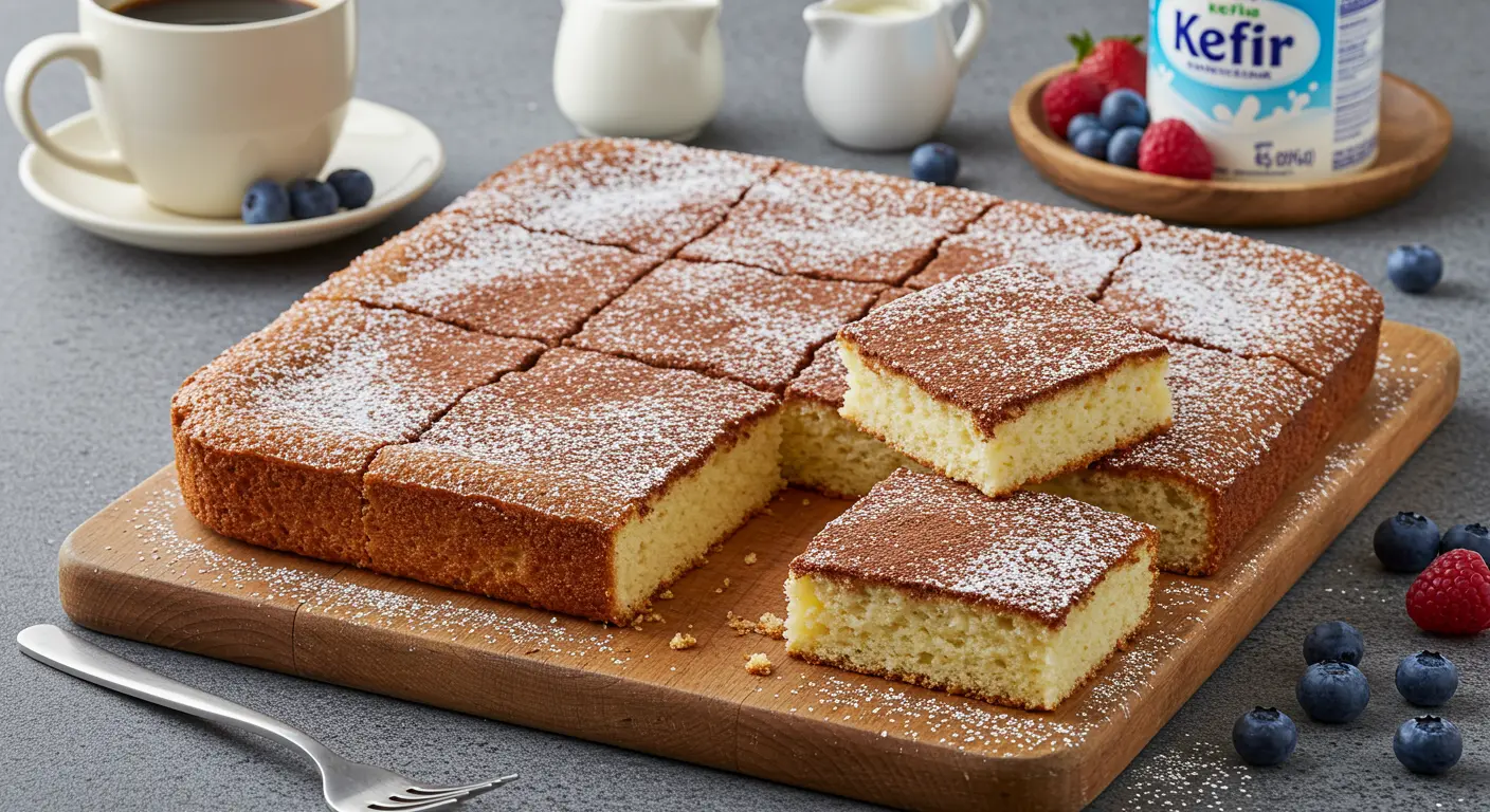 A beautifully baked kefir sheet cake with white dough, dusted with powdered sugar and cocoa powder, sliced into squares and served on a rustic wooden cutting board,