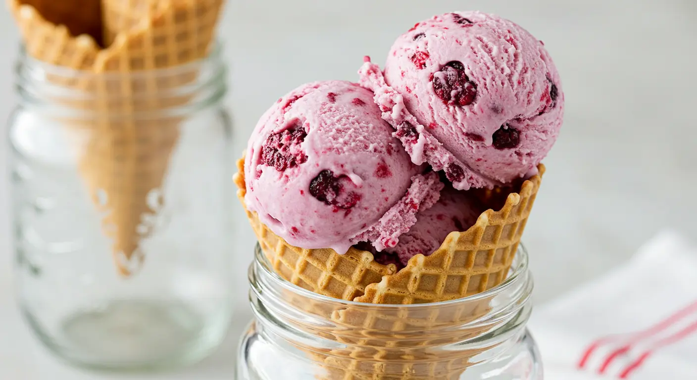 A close-up of a glass loaf pan filled with creamy raspberry cheesecake ice cream, featuring swirls of vibrant raspberry sauce and golden graham cracker crumbs, ready to be frozen. A hand gently swirls the layers together with a butter knife, creating a marbled effect. Fresh raspberries and graham cracker crumbs sit nearby on a rustic countertop.