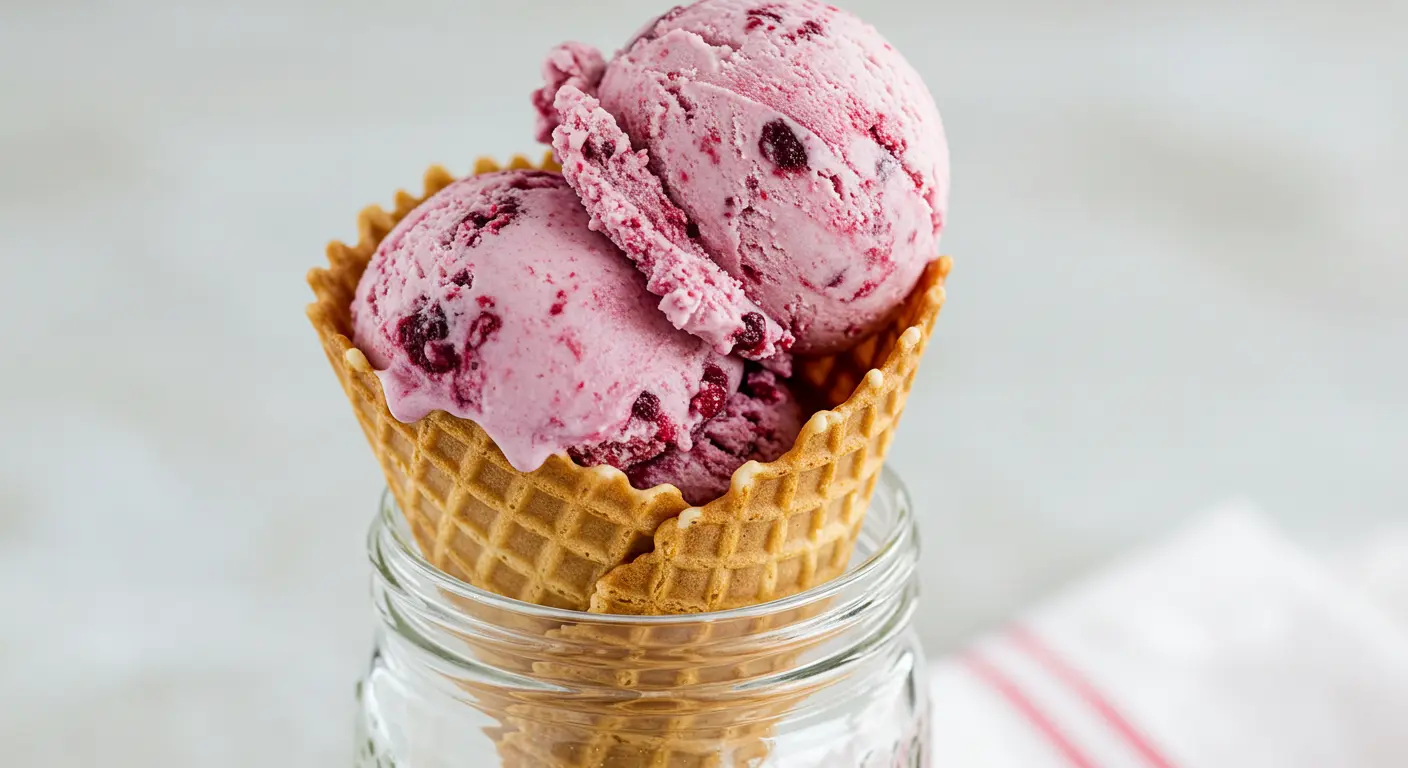 Close-up of a glass loaf pan filled with creamy raspberry cheesecake ice cream, featuring swirls of vibrant raspberry sauce and golden graham cracker crumbs, ready to be frozen. A hand is shown gently swirling the layers together with a butter knife, creating a marbled effect. Fresh raspberries and graham cracker crumbs are visible on the counter nearby