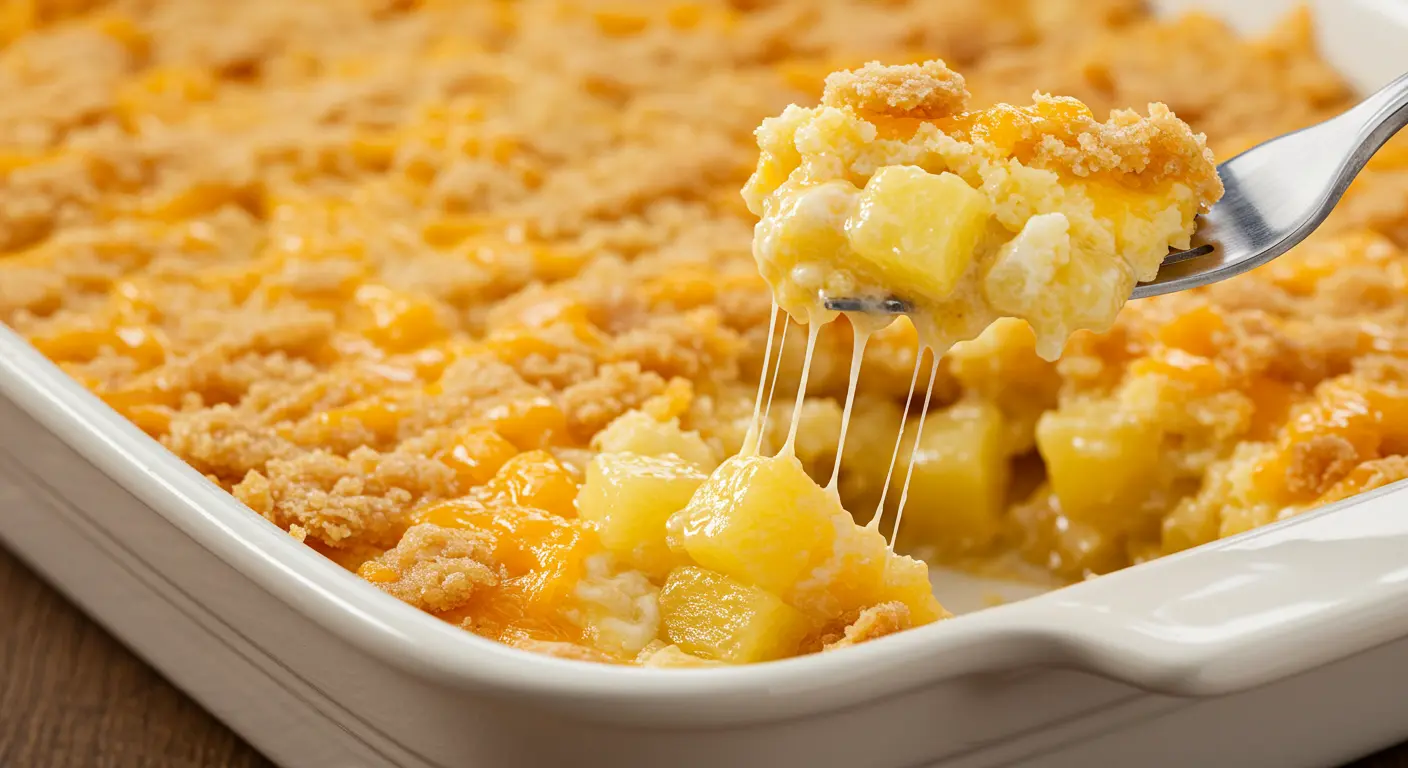 A close-up of a golden, baked pineapple casserole with melted sharp Cheddar cheese, sweet pineapple chunks, and a crispy, buttery Ritz cracker topping, served in a 9x13-inch baking dish on a rustic wooden table.