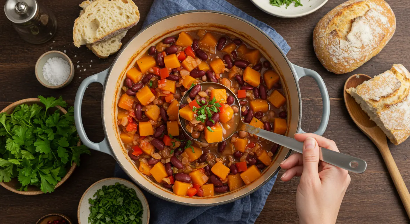 Hand ladling squash and kidney beans stew from a pot into a serving bowl, garnished with fresh parsley.