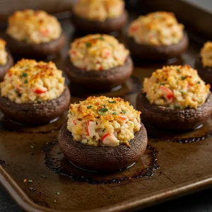 A baking sheet filled with stuffed mushroom caps topped with a golden, crispy breadcrumb mixture, ready to go into the oven.