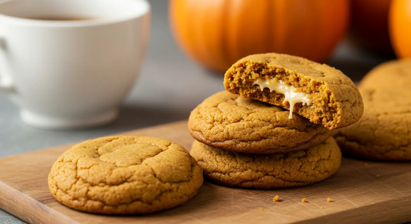 Close-up of fudgy pumpkin cheesecake cookies with creamy filling, sprinkled with sugar, on a rustic wooden table with fall decor.
