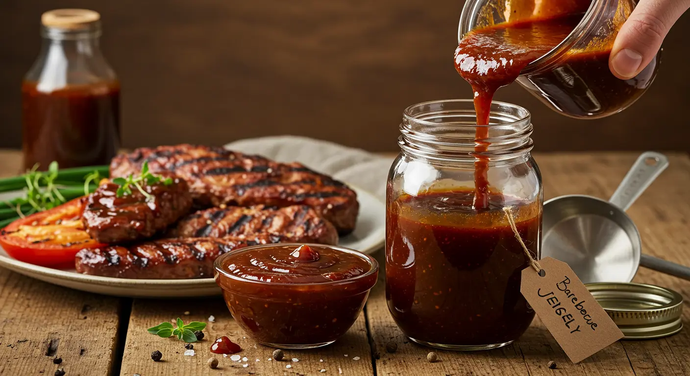 A bowl of glossy barbecue sauce made from jelly, drizzled over grilled chicken, with a jar of grape jelly and ketchup nearby on a rustic wooden table.