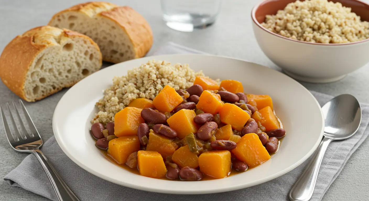 Ladle serving squash and kidney beans stew into a bowl, garnished with fresh parsley.