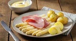 Perfectly cooked white asparagus served on a plate with melted butter and a hint of lemon, showcasing a traditional asparagus German recipes
