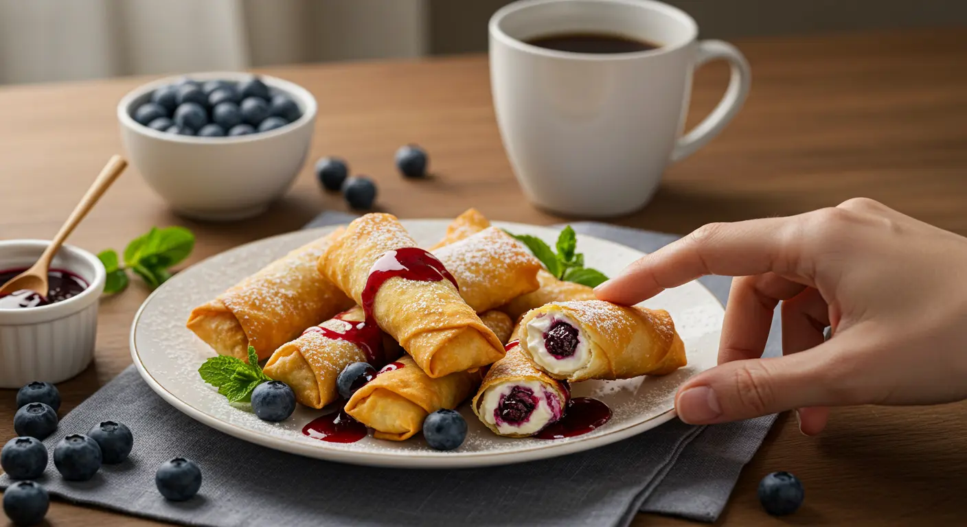 Golden crispy Blueberry Cream Cheese Egg Rolls dusted with powdered sugar and drizzled with blueberry syrup, served on a platter with fresh blueberries and mint leaves