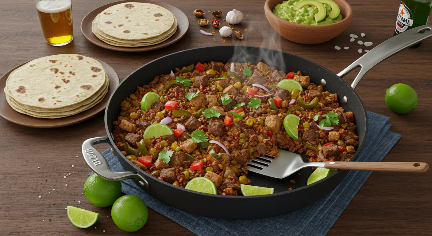 A steaming pan of traditional Mexican discada garnished with fresh cilantro and served with warm tortillas and lime wedges, ready to be enjoyed.