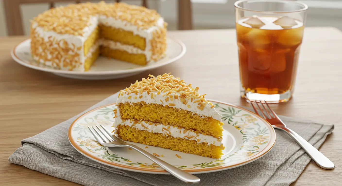 A close-up of a slice of Pineapple Coconut Dream Cake on a plate, showcasing its moist layers, creamy frosting, and golden toasted coconut topping. Fresh pineapple slices and a sprinkle of shredded coconut decorate the scene, set on a rustic wooden table with natural lighting