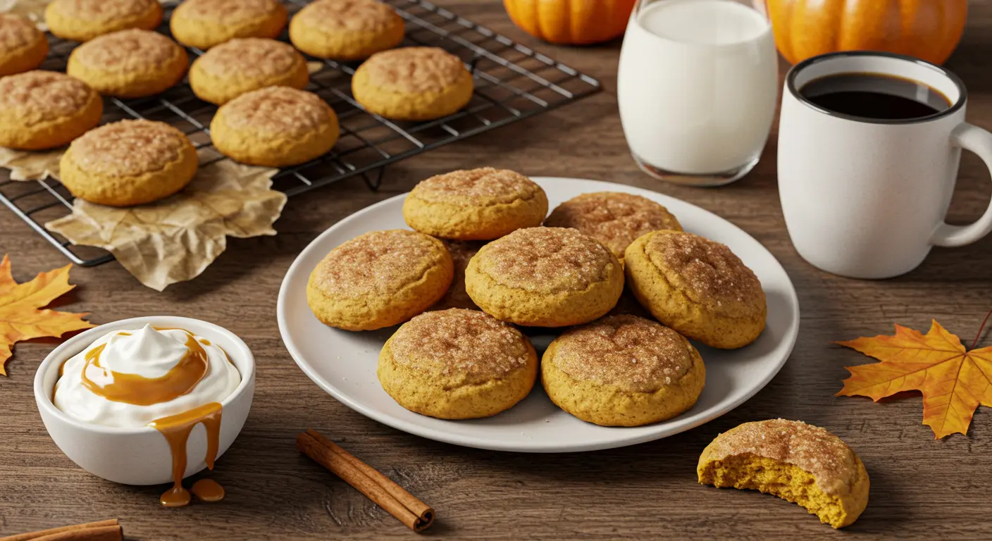 A plate of freshly baked pumpkin pie cookies, soft and golden with a dusting of cinnamon-sugar, served with a steaming mug of coffee on a rustic table, surrounded by fall-themed decorations.