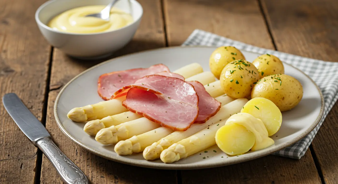 Perfectly cooked white asparagus served on a plate with melted butter and a hint of lemon, showcasing a traditional asparagus German recipes