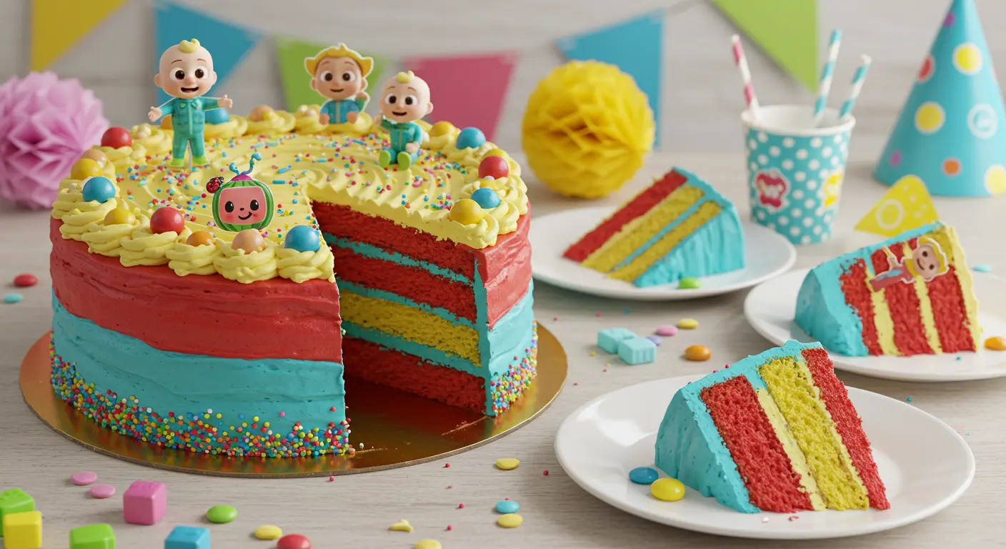 A vibrant Cocomelon-themed cake with colorful layers, smooth buttercream frosting, and fondant decorations of Cocomelon characters like JJ, surrounded by festive party decorations and playful sprinkles.