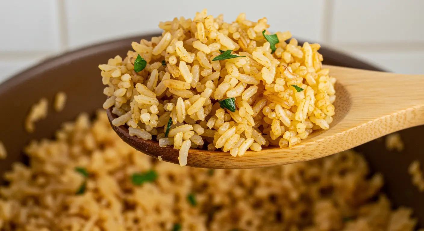 A spoonful of golden, caramelized rice from French Onion Soup Rice, showcasing tender grains coated in rich, savory flavors