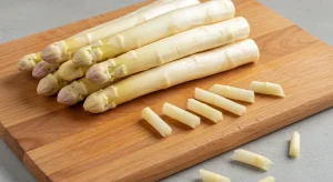 Fresh white asparagus spears being peeled and trimmed for a traditional asparagus German recipe.