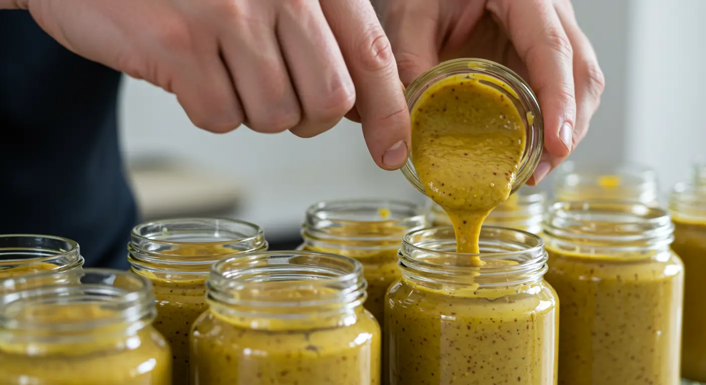 hot pepper with mustard recipe served in a jar with pretzels, grilled sausages, and fresh vegetables for dipping