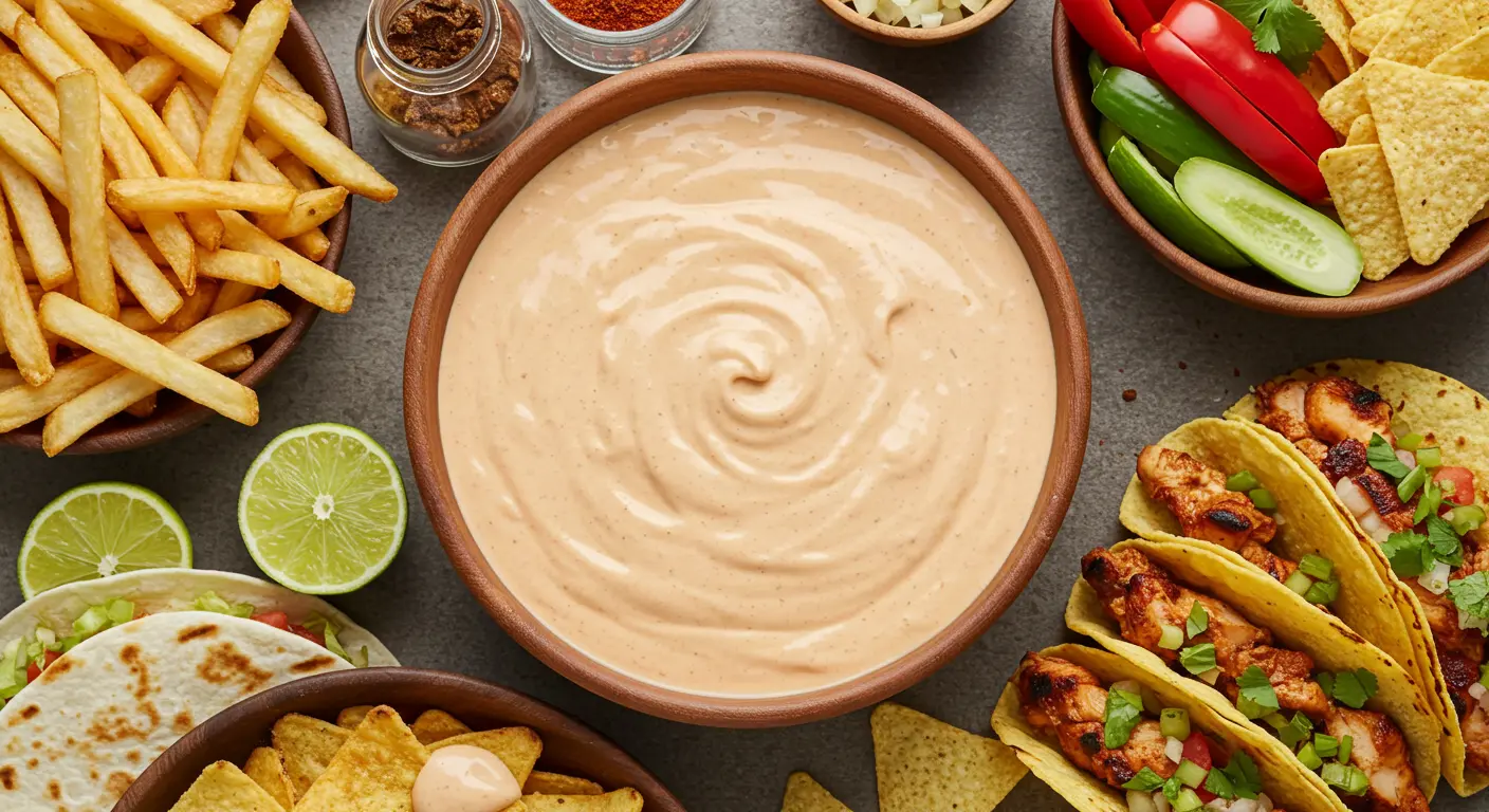 A bowl of creamy homemade Taco Bell Chipotle Sauce surrounded by tacos, fries, and nachos, with fresh lime and spices nearby.