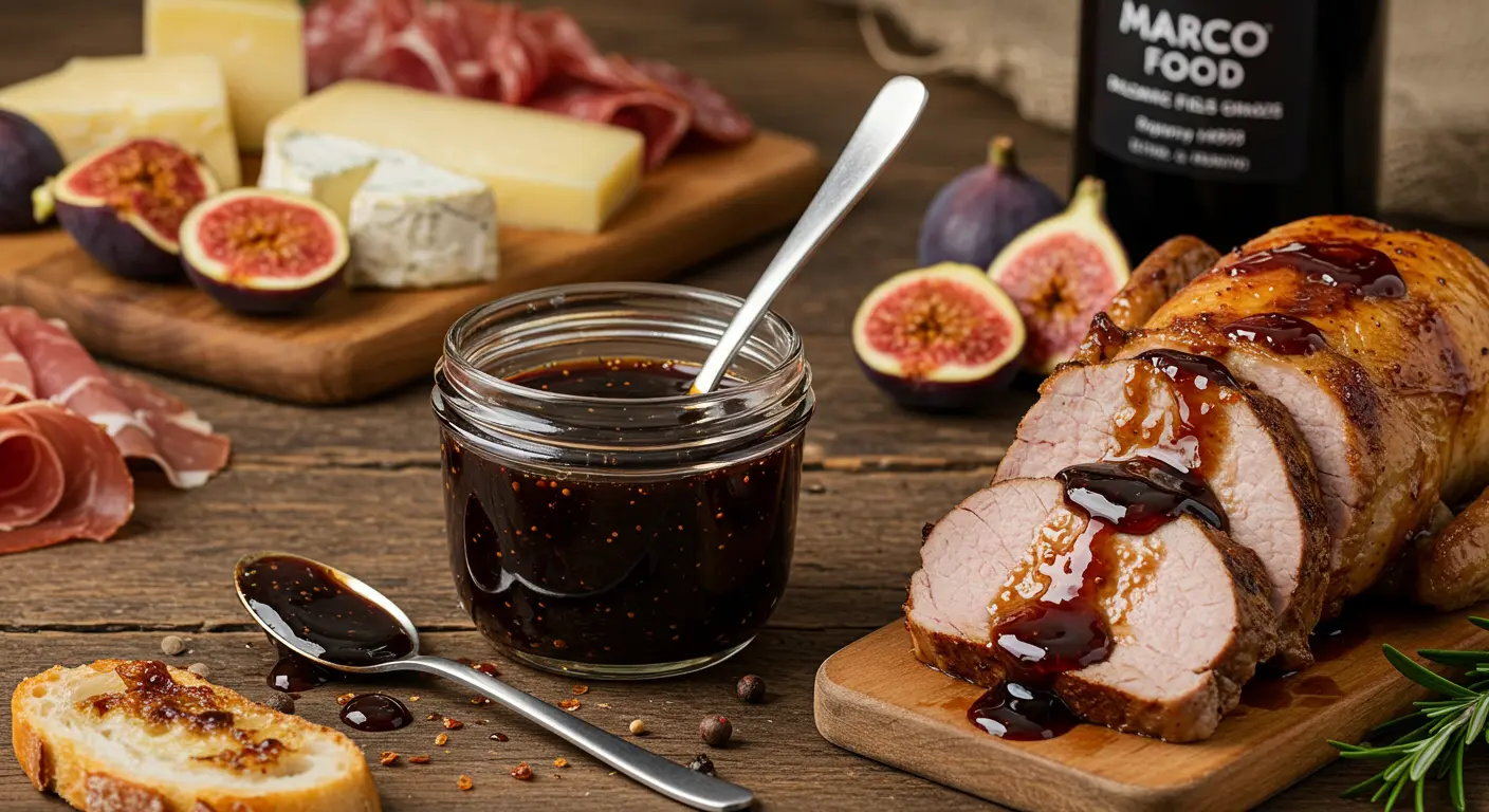 Balsamic fig glaze drizzled over a charcuterie board with cured meats, cheeses, and fresh figs, showcasing its rich, glossy texture and versatility on Marco Food.