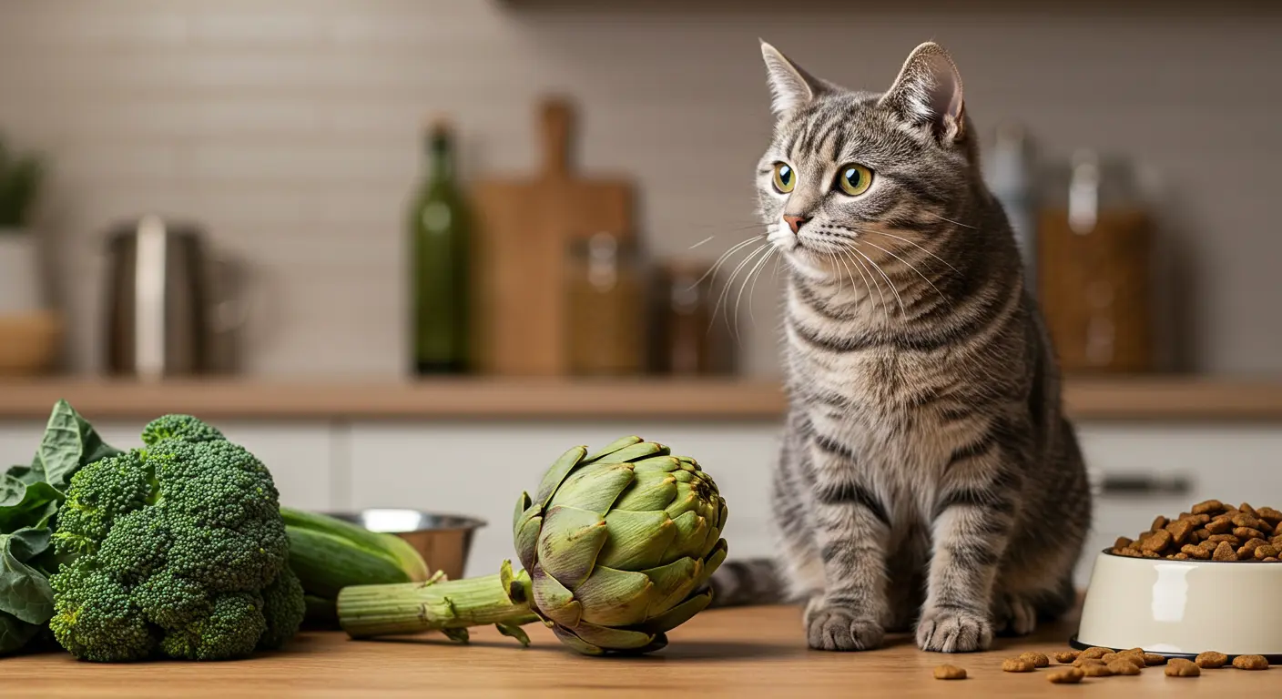 A curious cat sitting next to a fresh artichoke in a cozy kitchen setting, emphasizing the question of whether cats can eat artichokes.