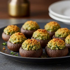 A beautifully arranged platter of golden, baked stuffed mushrooms garnished with fresh parsley, ready to be served as an appetizer.