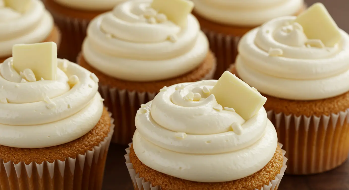 A close-up of a hand piping smooth white chocolate buttercream frosting onto a golden-brown cupcake, with a rustic wooden surface and fresh raspberries nearby.