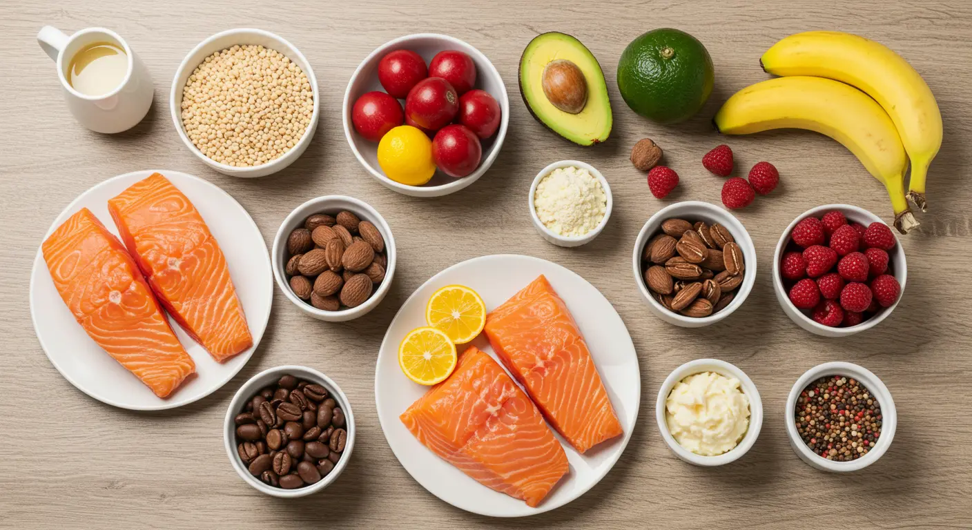 A clean and organized table setting featuring foods for a 1-week colonoscopy diet, including white bread, cooked vegetables, lean proteins, clear broths, and gelatin, with a calendar in the background symbolizing the preparation timeline.