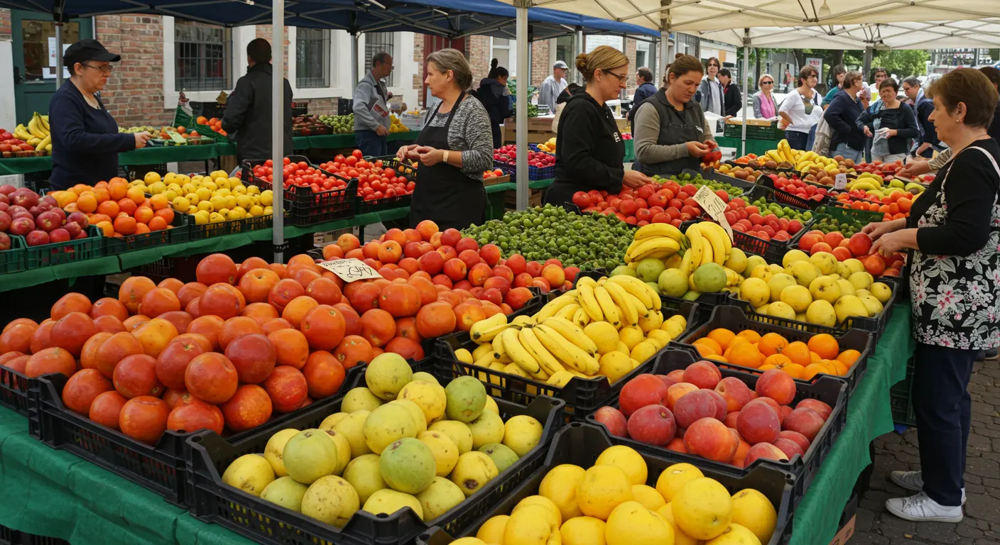 Vibrant local farmers' market showcasing a variety of organic fruits with farmers and customers interacting.