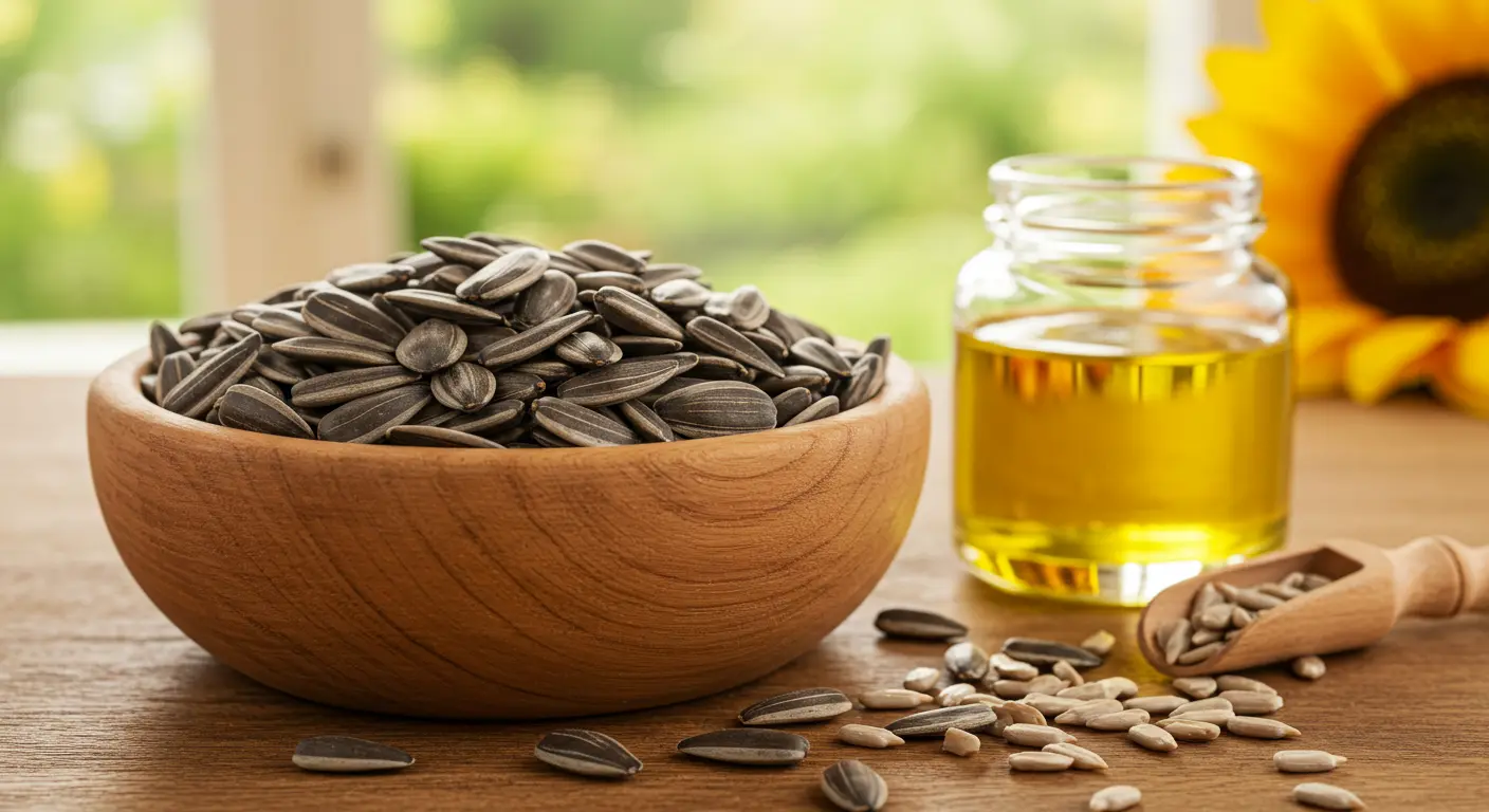 Bowl of sunflower seeds surrounded by fresh fruits and herbs, highlighting their health benefits