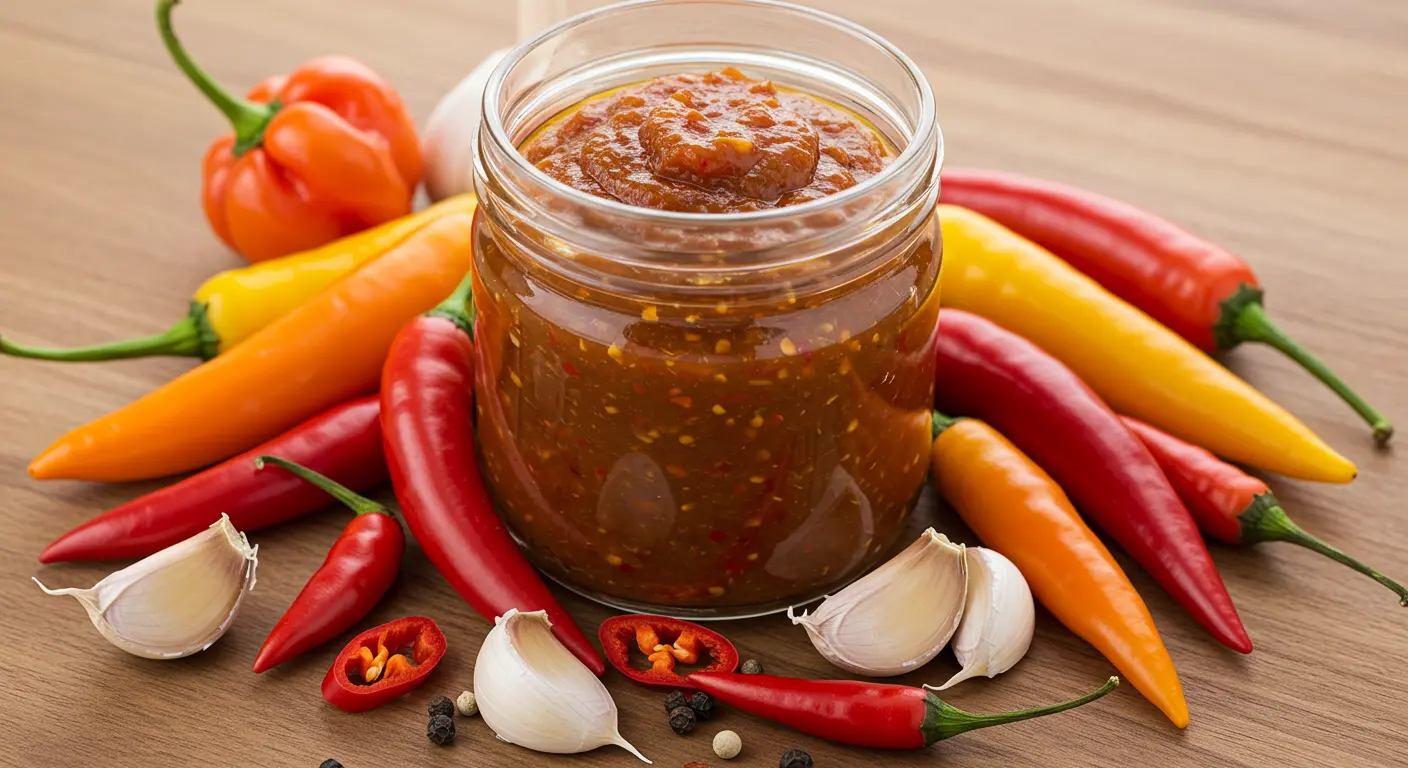 A vibrant bottle of homemade pepper sauce surrounded by fresh chili peppers and garlic cloves.