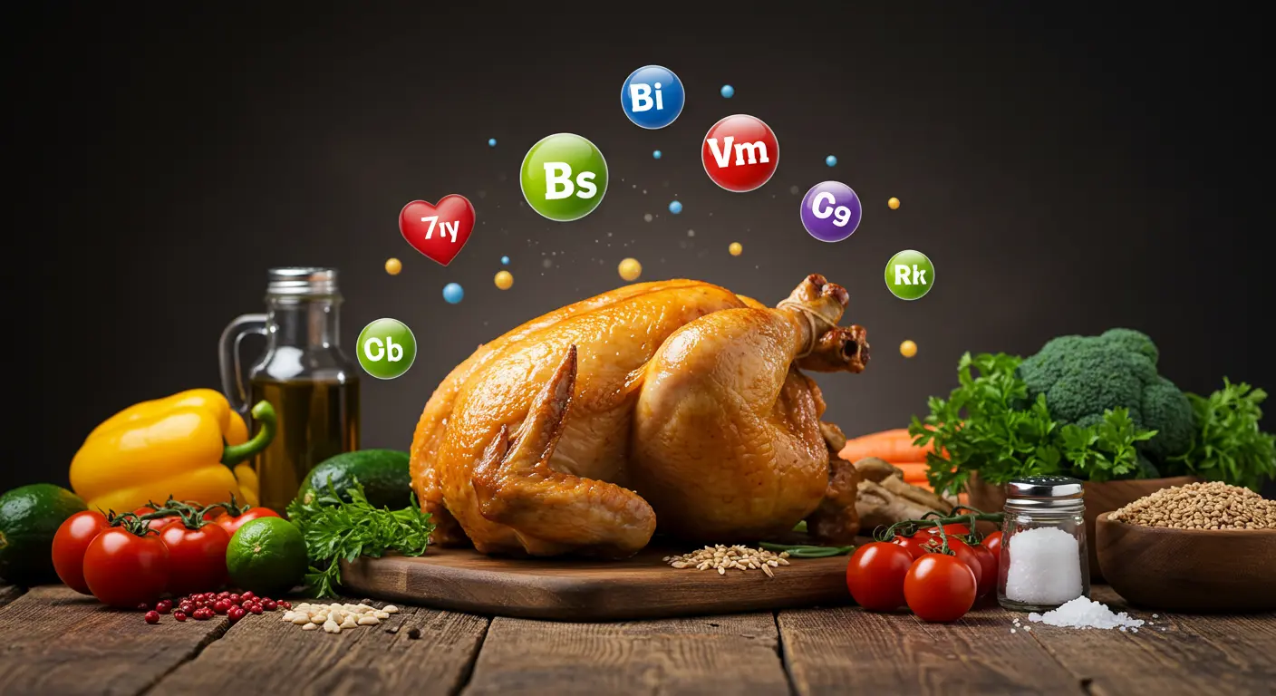 Golden brown rotisserie chicken surrounded by healthy vegetables and subtle hints of sodium, representing a balanced look at its nutritional value.