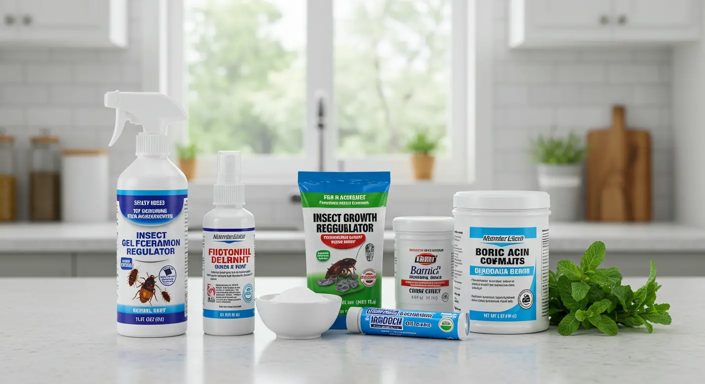 Variety of pest control products including insect growth regulators, fipronil gel bait, diatomaceous earth, and boric acid in a clean kitchen setting.