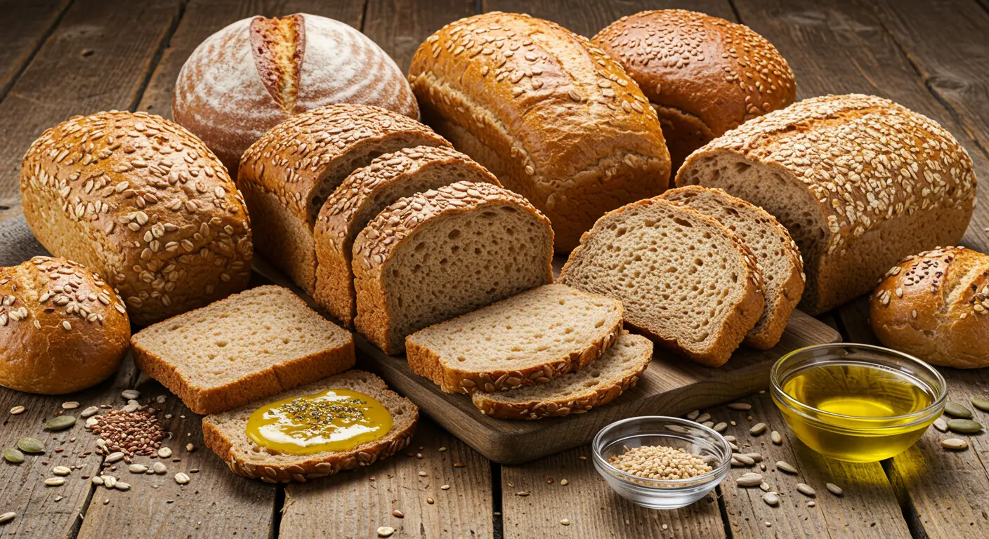 Assorted healthy store bought breads including whole grain, sprouted grain, and seeded varieties on a rustic wooden table