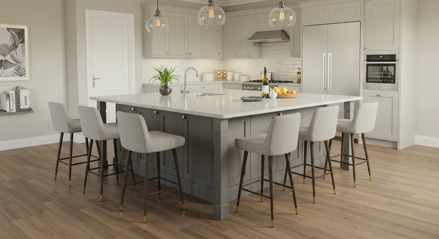 Modern kitchen featuring a variety of stylish kitchen island chairs, including counter stools, bar stools, backless stools, and armchairs, arranged around a spacious kitchen island.