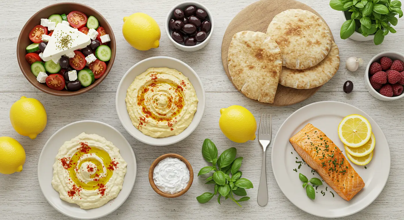 A beautifully arranged table featuring a variety of Mediterranean dishes, including Greek salad, hummus with pita bread, and grilled salmon, surrounded by fresh fruits and herbs.