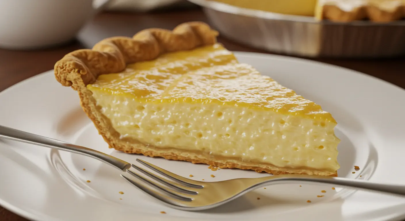 A close-up of a slice of homemade sugar pie with creamy caramel-like filling and flaky crust, served on a white plate.