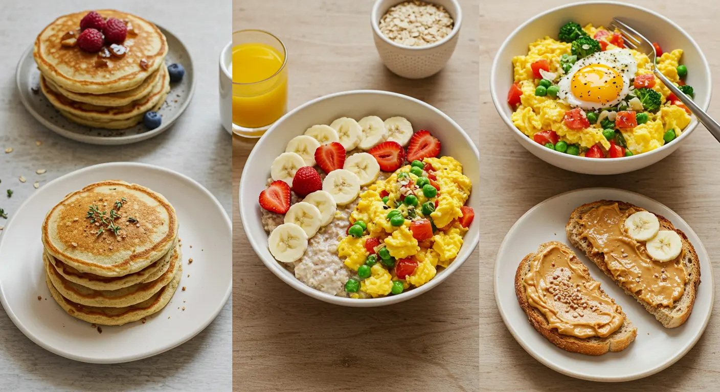 Assortment of affordable breakfast dishes made from pantry staples.