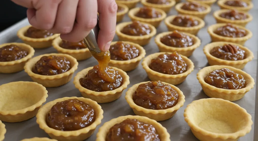 Tart shells being filled with the maple-pecan mixture, each about 3/4 full.