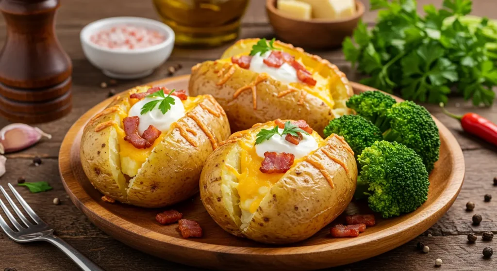 A photorealistic image of baked potatoes topped with cheese, sour cream, broccoli, and bacon.