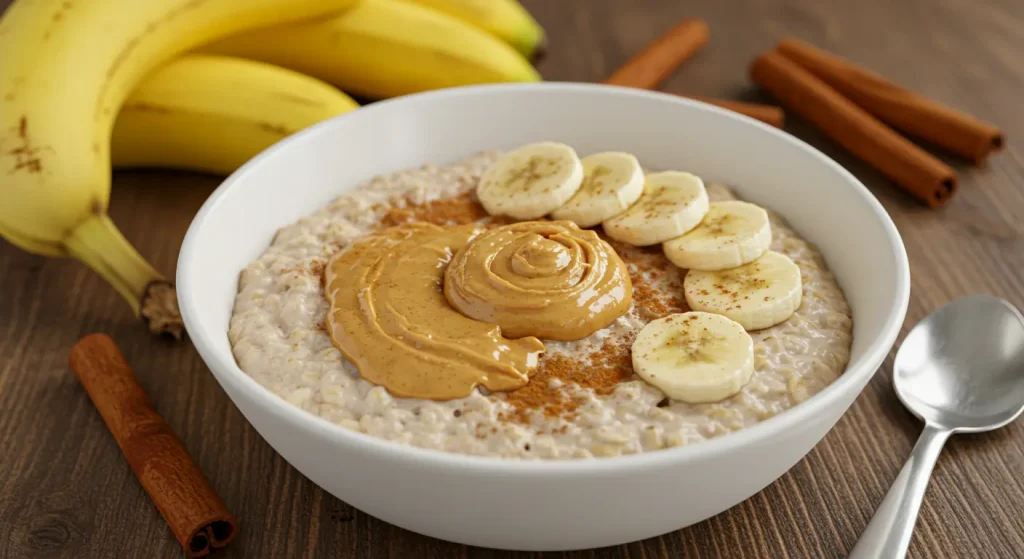 Creamy oatmeal topped with sliced bananas and cinnamon , $1 breakfast ideas