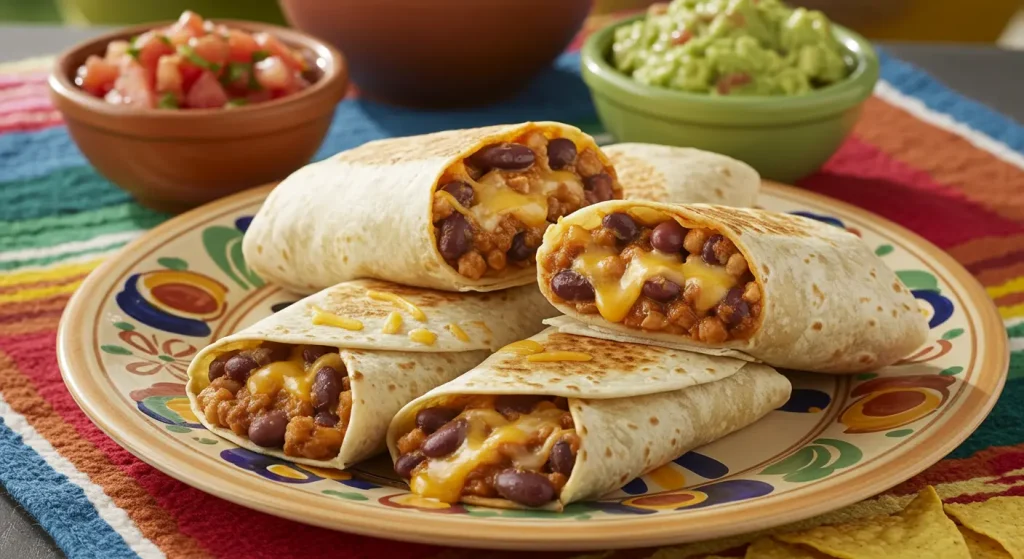 A photorealistic image of bean and cheese burritos with guacamole and sour cream.