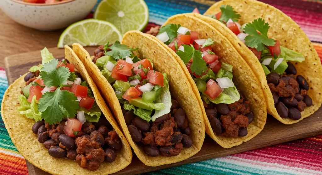 A photorealistic image of crispy black bean tacos filled with seasoned black beans, topped with fresh salsa, avocado, cilantro, and lime wedges.