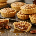 Golden, flaky Canadian Maple Pecan Butter Tarts with a gooey maple-pecan filling, arranged on a rustic wooden table with pecans and a drizzle of maple syrup.