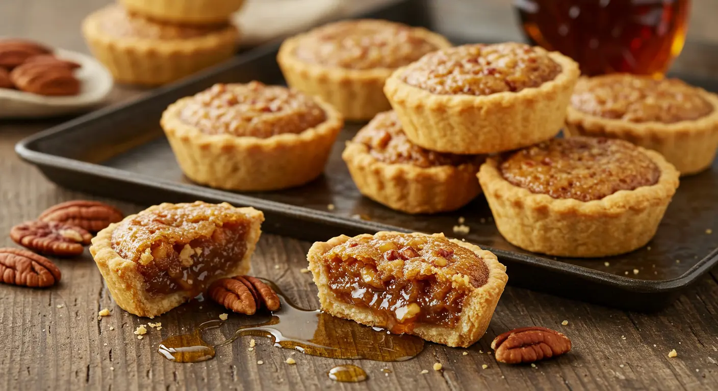 Golden, flaky Canadian Maple Pecan Butter Tarts with a gooey maple-pecan filling, arranged on a rustic wooden table with pecans and a drizzle of maple syrup.