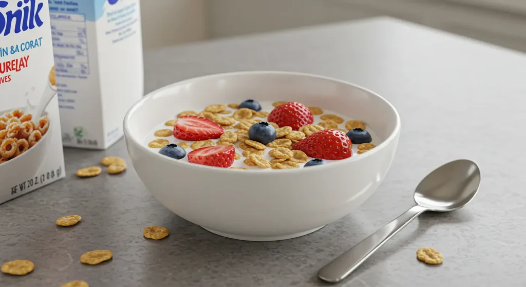 Bowl of cereal with milk and fresh fruit.