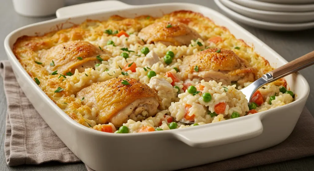 A photorealistic image of a chicken and rice casserole with melted cheese and vegetables for   dinners you can make for under $10.