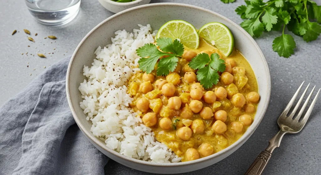 A photorealistic image of creamy chickpea curry served over rice.