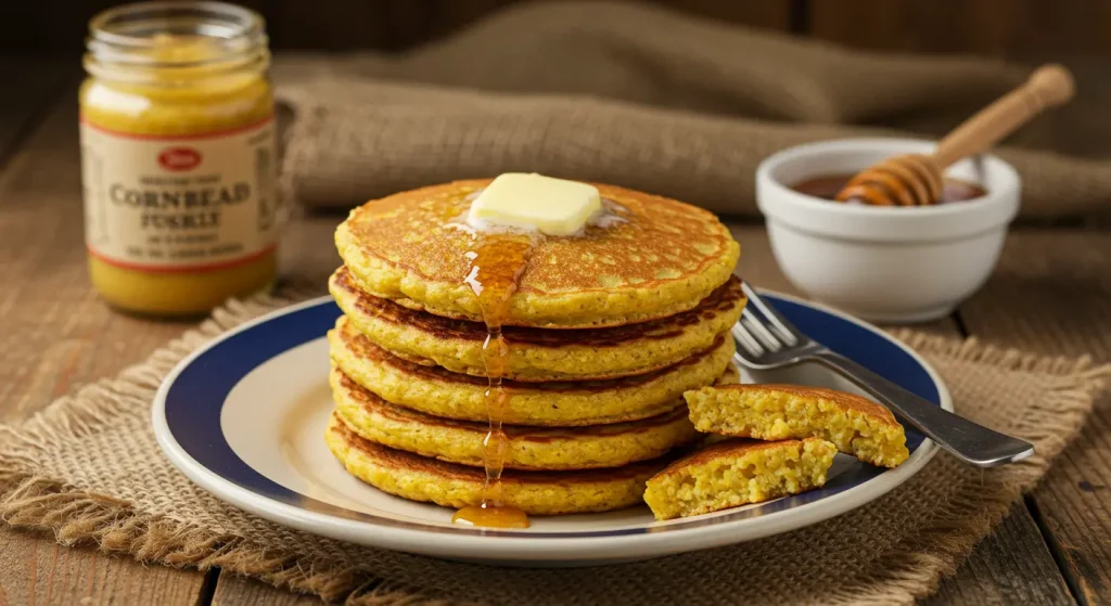 Cornbread pancakes with butter and jam.