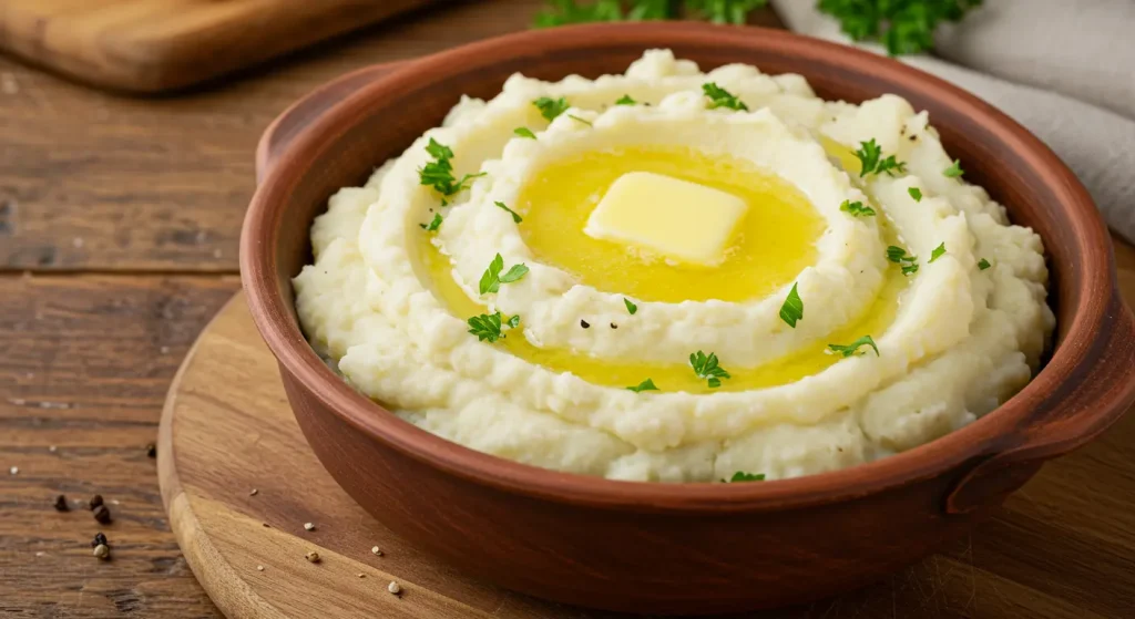 Garlic mashed potatoes in a rustic bowl