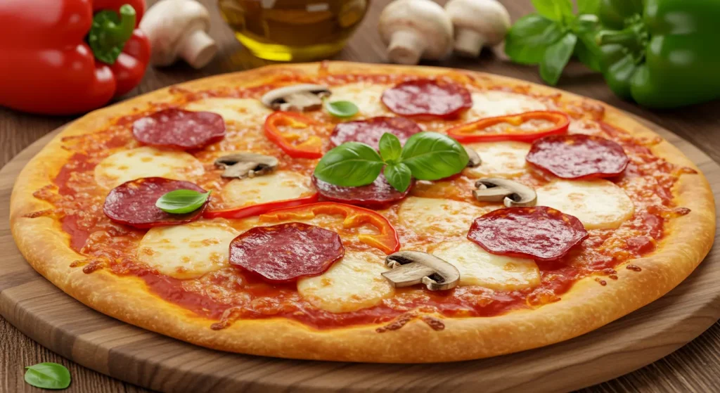 A photorealistic image of a homemade pizza with melted cheese and various toppings.
