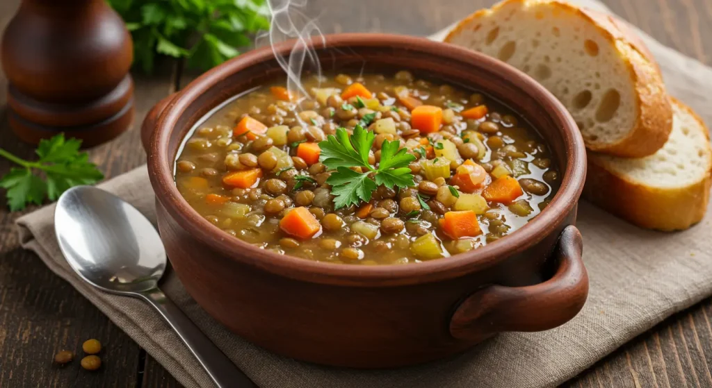 A photorealistic image of a steaming bowl of lentil soup.