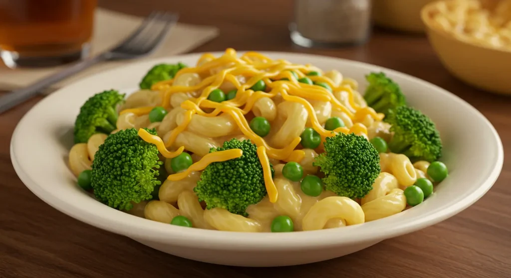 A photorealistic image of mac and cheese with steamed broccoli and cauliflower.